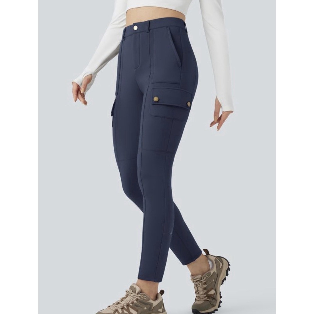 Halara Navy Blue High Waisted Cargo Leggings Hiking Pants Gold Button Accent